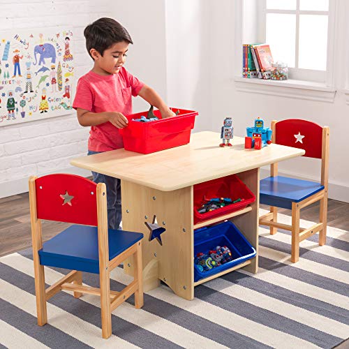 KidKraft- Juego de mesa y 2 sillas de madera con corazón con compartimentos de almacenamiento, cuarto de juegos para niños / muebles de dormitorio Heart , Color Rojo y azul (26912)