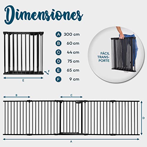 KIDUKU® Barrera de Seguridad 305 cm para Niños y Mascotas | Reja de Protección de Metal - Premontado | Rejilla Protectora Metálica Plegable con Puerta | 5 Paneles