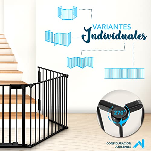 KIDUKU® Barrera de Seguridad 305 cm para Niños y Mascotas | Reja de Protección de Metal - Premontado | Rejilla Protectora Metálica Plegable con Puerta | 5 Paneles