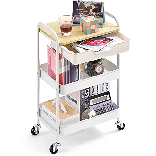 Kingrack carro cocina de 3 Niveles，carrito auxiliar con ruedas, carrito verdulero con Asa y cajones, carrito baño carrito peluqueria con tapa de madera, Blanco WKUK830549-1