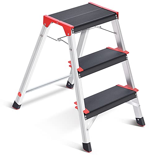 Kingrack Escalera Escalera, Taburete de 3 Pasos, Doble Lado de Aluminio Escalera Plegable Diseño Escalera con Pies Antideslizantes, Escaleras Ligero con Plataforma Amplia, Carga Máxima 150 Kg