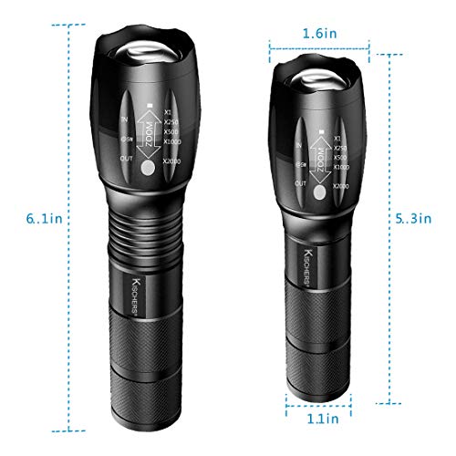 KISCHERS Linterna LED Tactica Alta Potencia con Funda De Nailon Incluye 6 Pilas AAA 800 Lúmenes Linternas Tácticas Zoom Impermeable Para Caza al Aire Libre Camping Senderismo (2 PACK)