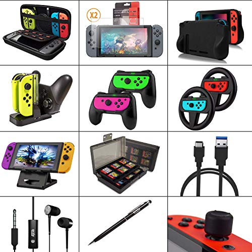 Kit Accesorios para Nintendo Switch – Orzly Geek Pack con: Funda y Protector de Pantalla Switch, Empuñaduras & Volante para mandos Joy-con, Una Base de Carga USB y Un Soporte portátil, y más. [Negro]