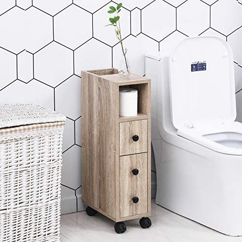 kleankin Armario de Baño Mueble para Baño Espacio Limitado con Ruedas Universales 2 Frenos Estantes Abiertos Armario Cajón 18x30x68,5 cm Madera Roble