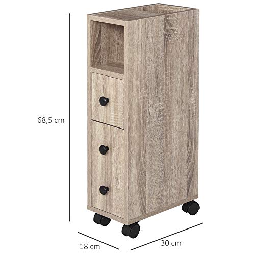 kleankin Armario de Baño Mueble para Baño Espacio Limitado con Ruedas Universales 2 Frenos Estantes Abiertos Armario Cajón 18x30x68,5 cm Madera Roble