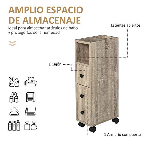 kleankin Armario de Baño Mueble para Baño Espacio Limitado con Ruedas Universales 2 Frenos Estantes Abiertos Armario Cajón 18x30x68,5 cm Madera Roble