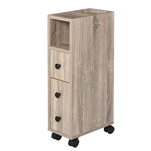 kleankin Armario de Baño Mueble para Baño Espacio Limitado con Ruedas Universales 2 Frenos Estantes Abiertos Armario Cajón 18x30x68,5 cm Madera Roble