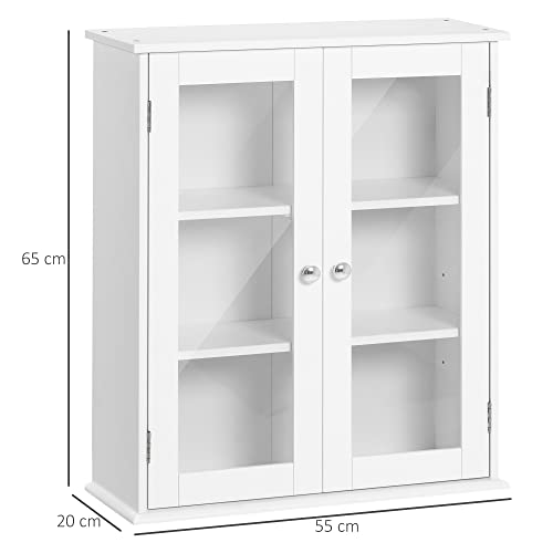 kleankin Armario de Pared Baño de 2 Puertas de Cristal Armario Colgante Multiusos para Cocina Salón con Estantes Interiores y Balda Ajustable 55x20x65 cm Blanco