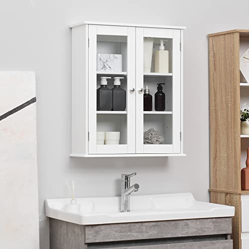 kleankin Armario de Pared Baño de 2 Puertas de Cristal Armario Colgante Multiusos para Cocina Salón con Estantes Interiores y Balda Ajustable 55x20x65 cm Blanco