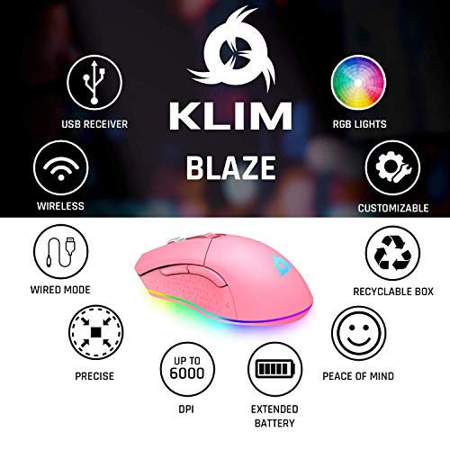 KLIM Blaze - Ratón inalámbrico Gaming Recargable RGB + Sensor de Alta precisión con batería Recargable de Larga duración + Ajustable hasta 6000 dpi + Modo inalámbrico y con Cable + Nuevo 2022 + (Pink)