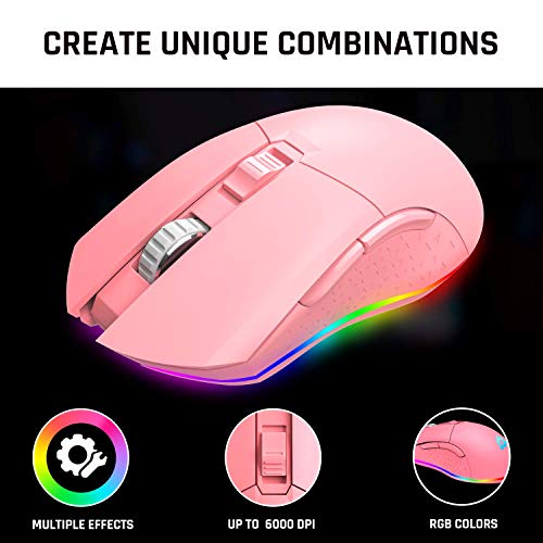 KLIM Blaze - Ratón inalámbrico Gaming Recargable RGB + Sensor de Alta precisión con batería Recargable de Larga duración + Ajustable hasta 6000 dpi + Modo inalámbrico y con Cable + Nuevo 2022 + (Pink)