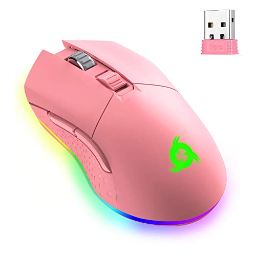 KLIM Blaze - Ratón inalámbrico Gaming Recargable RGB + Sensor de Alta precisión con batería Recargable de Larga duración + Ajustable hasta 6000 dpi + Modo inalámbrico y con Cable + Nuevo 2022 + (Pink)