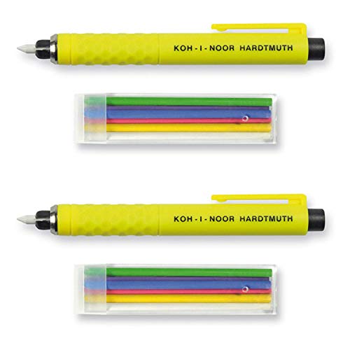 Koh-I-Noor S128 - Lápiz de plástico Amarillo con 6 Minas de Colores (Verde, Morado, Azul, Rojo, Amarillo, Blanco) - Juego de 2 con 2 bolígrafos y 6 Cables de Repuesto Cada uno