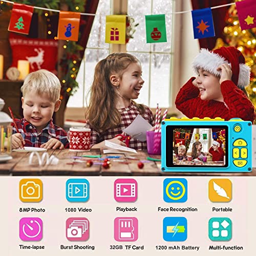 Kriogor Cámara Impermeable para Niños, Cámara Digital y Videocámara con HD 1080/8 Megapíxeles, LCD de 2 Pulgadas,Tarjeta TF Incluida 32GB