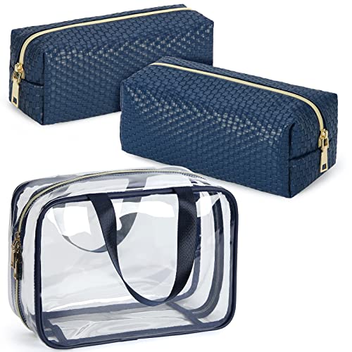 KTMOUW Neceser Mujer Transparente Neceser Maquillaje Viaje Impermeable Bolsa de Aseo Portátil Grande Organizador para Cosméticos 3 Piezas Azul