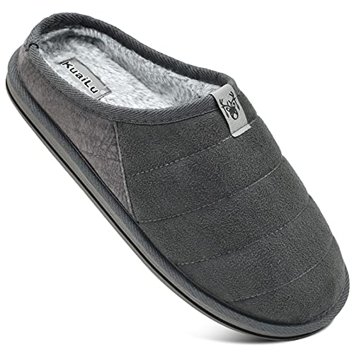 KuaiLu Zapatillas de Estar en Casa Hombre Invierno Caliente Peluche Piel Cerradas Pantuflas Comoda Peludas Slippers Antideslizante Goma Suela Gris 45