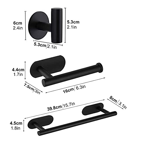 Laimew Juego de Accesorios de baño de 4 Piezas sin taladrar Acero Inoxidable Negro Barra de Toalla de 16 Pulgadas Soporte para Papel higiénico 2 Ganchos para Batas