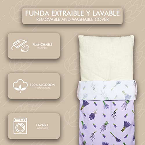 LAMARE Saco térmico de Semillas de Trigo y Lavanda 48 x 15 cm Funda Lavable 100% algodón - Cojín térmico para cervicales y cólicos para terapias en frío y Calor. Lavanda Estampado.