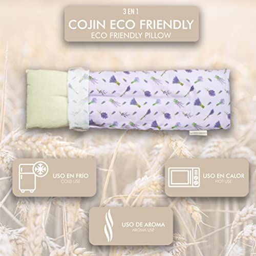 LAMARE Saco térmico de Semillas de Trigo y Lavanda 48 x 15 cm Funda Lavable 100% algodón - Cojín térmico para cervicales y cólicos para terapias en frío y Calor. Lavanda Estampado.