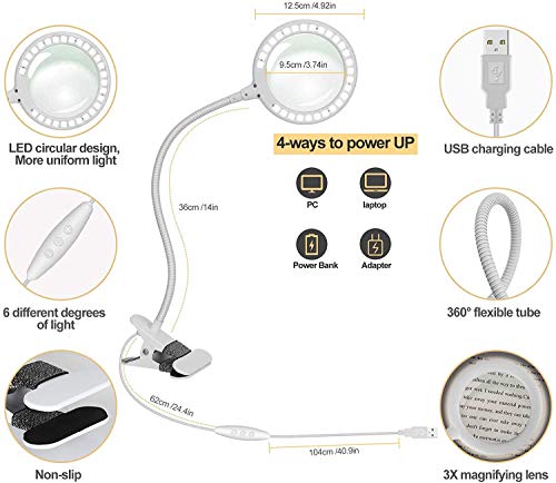 Lámpara de aumento LED de luz diurna 3X, lupa de abrazadera con 6 ajustes de luz ajustables para lectura, personas mayores, pasatiempos, manualidades