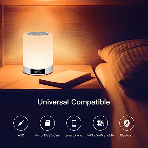 Lámpara de noche táctil recargable portátil, lámpara de mesa con altavoz Bluetooth y música, radio despertador, luz LED, multicolor manos libres, para dormitorio, oficina, cuarto de bebé Warmfunn