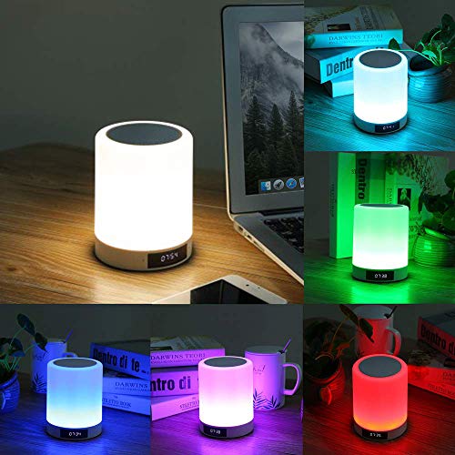 Lámpara de noche táctil recargable portátil, lámpara de mesa con altavoz Bluetooth y música, radio despertador, luz LED, multicolor manos libres, para dormitorio, oficina, cuarto de bebé Warmfunn