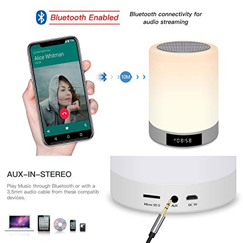 Lámpara de noche táctil recargable portátil, lámpara de mesa con altavoz Bluetooth y música, radio despertador, luz LED, multicolor manos libres, para dormitorio, oficina, cuarto de bebé Warmfunn