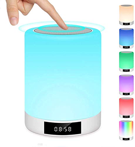 Lámpara de noche táctil recargable portátil, lámpara de mesa con altavoz Bluetooth y música, radio despertador, luz LED, multicolor manos libres, para dormitorio, oficina, cuarto de bebé Warmfunn