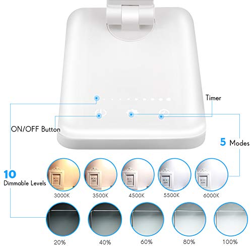 Lámpara Escritorio LED,Lámparas de Mesa USB Regulable Recargable-2000mAh Plegable Luz(5 * 10 Modos de Brillo,Temporizador de 30/60min,Modo de memoria inteligente) Para Leer,Estudiar, Protege a ojos