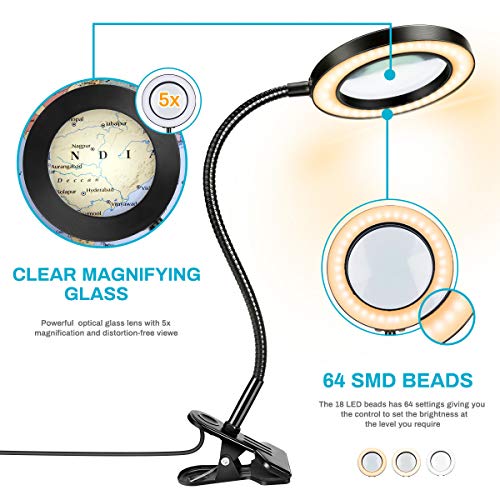 Lámpara Lupa 5x LED Luz Natural con Pinza Metálica - Lupa Iluminada Lente de Cristal Óptico Ajustable, manguera de metal flexible de 360 °, puerto de carga USB para lectura