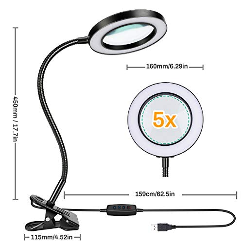 Lámpara Lupa 5x LED Luz Natural con Pinza Metálica - Lupa Iluminada Lente de Cristal Óptico Ajustable, manguera de metal flexible de 360 °, puerto de carga USB para lectura