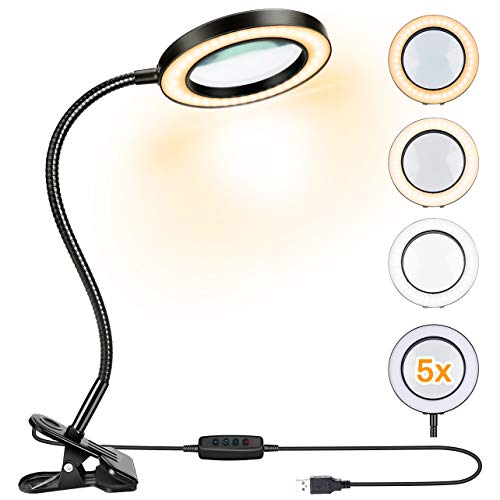 Lámpara Lupa 5x LED Luz Natural con Pinza Metálica - Lupa Iluminada Lente de Cristal Óptico Ajustable, manguera de metal flexible de 360 °, puerto de carga USB para lectura