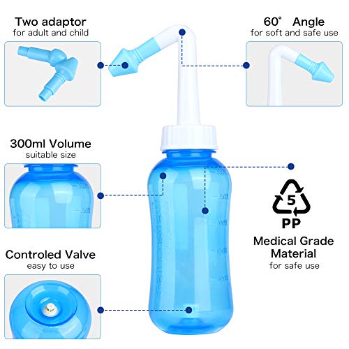 Lavado nasal, 300ml Hydro Nasal Wash Cleaner,sistema de irrigación de los senos nasales con 30 paquetes de sal, botella de lavado nasal para las alergias y los senos nasales,para adultos y niños (30)