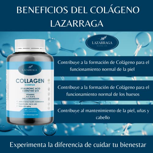 Lazarraga | Colágeno + Ácido Hialurónico + Coenzima Q10 + Zinc + Vitamina A + Vitamina B12 + Vitamina C + Vitamina D + Zinc + Magnesio - 60 Cápsulas | Huesos, Cartílagos y Encías