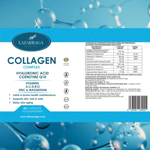 Lazarraga | Colágeno + Ácido Hialurónico + Coenzima Q10 + Zinc + Vitamina A + Vitamina B12 + Vitamina C + Vitamina D + Zinc + Magnesio - 60 Cápsulas | Huesos, Cartílagos y Encías