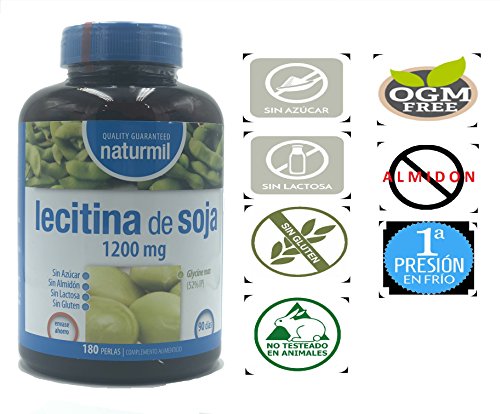 LECITINA DE SOJA 1200 MG IP 180 PERLAS NATURMIL, no GMO, , sin gluten, sin almidón, sin azúcar, sin lactosa, primera calidad, no testeado en animales, sin organismos genéticamente modificados.