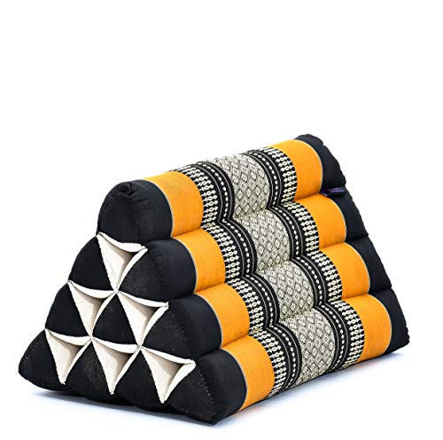 LEEWADEE Almohada Triangular tailandesa – Cojín de kapok sin Tratar, Respaldo cómodo para Leer, Almohadilla Hecha a Mano, 50 x 33 x 33 cm, Negro Naranjo