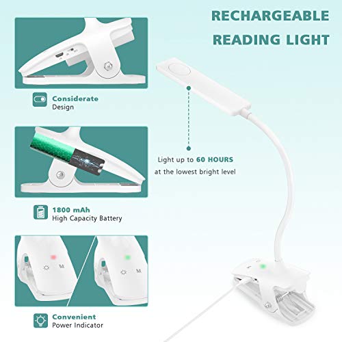 LENCENT Luz Lectura Lámpara de Escritorio 24 LED recargable, 9 Modos de Brillo (LED cálido y blanco) Lámpara de Libro Clip para Camas, Pinza de LED en la Lámpara para Cabecera, Oficina