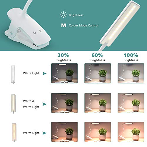 LENCENT Luz Lectura Lámpara de Escritorio 24 LED recargable, 9 Modos de Brillo (LED cálido y blanco) Lámpara de Libro Clip para Camas, Pinza de LED en la Lámpara para Cabecera, Oficina