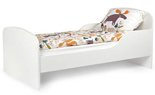 Leomark Cama Infantil Completa de Madera - Blanco- Marco de Cama, Colchón, Somier, Blanco Muebles para Niños, Moderno Dormitorio, Impresa Mobiliario, Espacio para Dormir: 140/70 cm