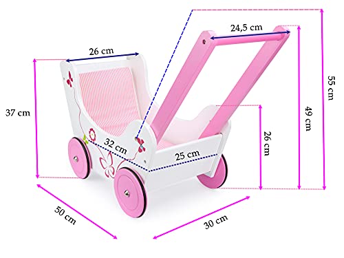 leomark Rosa Carrito Cochecito De Madera para Muñecas, Acolchar Carrito Gemelar Juguete + muñeca de Trapo