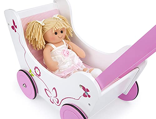 leomark Rosa Carrito Cochecito De Madera para Muñecas, Acolchar Carrito Gemelar Juguete + muñeca de Trapo