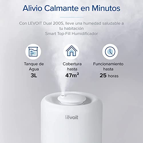 LEVOIT Top-Fill Humidificador 3L a Bebés, Humidificador Ultrasónico de Vapor Frío y Difusor con 25H, <28dB Silencioso AUTO Modo, Compatible con Alexa y APP, Temporizador, Sin BPA a Dormitorio Oficina