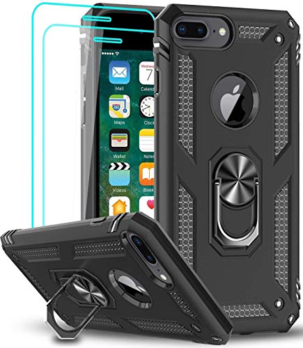 LeYi Funda para iPhone 8 Plus/iPhone 7 Plus/iPhone 6 Plus / 6S Plus con [2-Unidades] Cristal Vidrio Templado, Armor Carcasa con 360 Anillo Soporte PC Silicona TPU Bumper Antigolpes Case, Negro