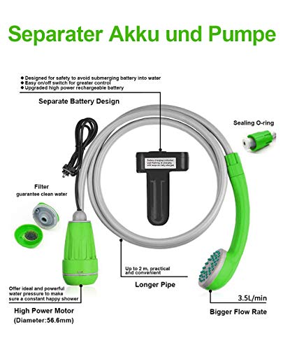 LIBERRWAY ducha de camping, uso en exteriores e interiores, ducha de camping con batería recargable, manguera de ducha de 1,8 m, ducha exterior con bomba para jardín, playa, camping, lavado de coches