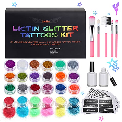 Lictin Kit de Tatuajes Temporales-Tatuaje de Brillo con 24 Colores 117 Hojas Únicas Plantilla de Tatuaje Temático (24 Colores)