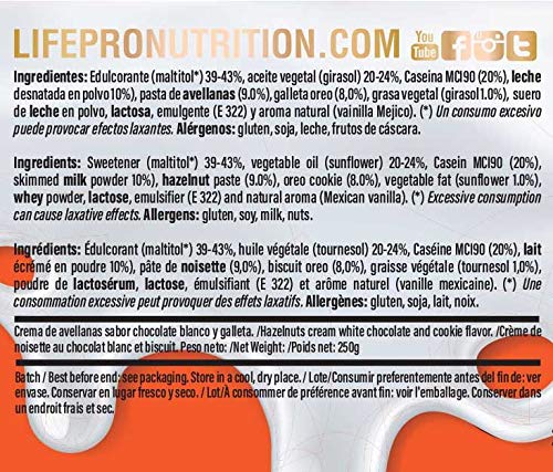 Life Pro Fit Food Protein Cream Kit Crunch – Crema de avellanas alta en proteínas con sabor a chocolate blanco y galletas - Sin azúcares añadidos ni conservantes artificiales - Alta en fibra - 250 gr