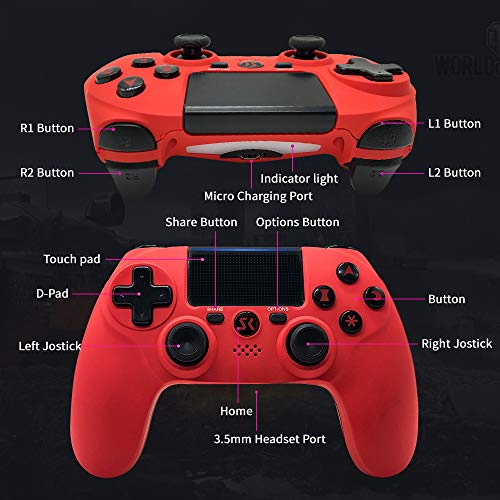 Lioeo Mando para PS4 Inalambricos, Mando para PS4 Gamepad de Doble Vibración Shcok Six-Axis con Touch Pad y Conector de Audio para Playstation 4 / PS3 / PC (Rojo)