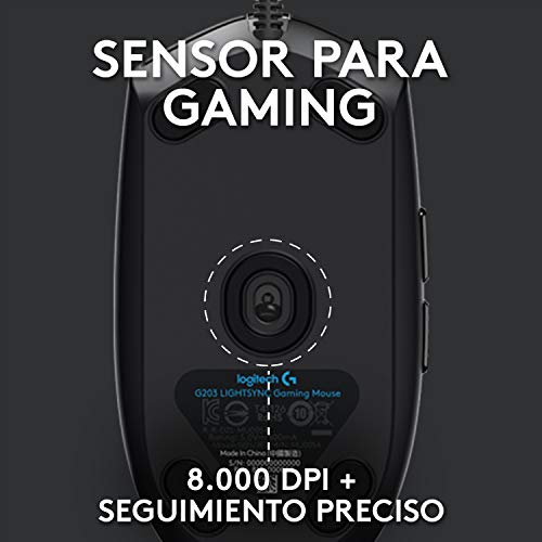 Logitech G203 LIGHTSYNC Ratón Gaming con Iluminación RGB Personalizable, 6 Botones Programables, Captor 8K para Gaming, Seguimiento de hasta 8,000 DPI, Ultra-ligero - Negro