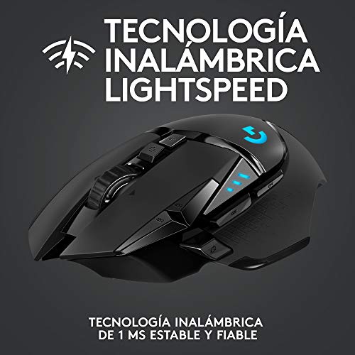 Logitech G502 LIGHTSPEED Ratón Gaming Inalámbrico, Captor HERO 25K, 25,600 DPI, RGB, Peso Reducido, 11 Botones Programables, Batería Larga Duración, POWERPLAY-compatibile, PC, Negro